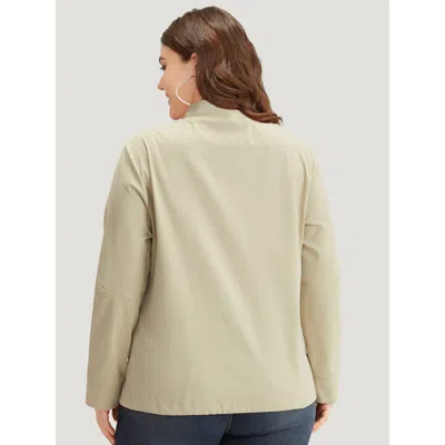 Bloomchic Women's Plus Size Solid Stand Collar Drawstring Flap Pocket Jacket Ivory Plain 10/m In White