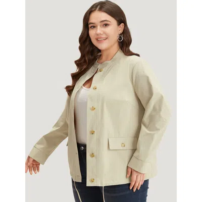 Bloomchic Women's Plus Size Solid Stand Collar Drawstring Flap Pocket Jacket Ivory Plain 10/m In White