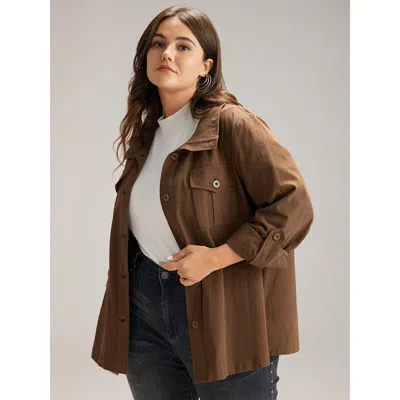 Bloomchic Women's Plus Size Plain Roll Tab Sleeve Button Down Coat Bronze Plain 12/l In Brown