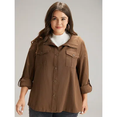 Bloomchic Women's Plus Size Plain Roll Tab Sleeve Button Down Coat Bronze Plain 12/l In Brown