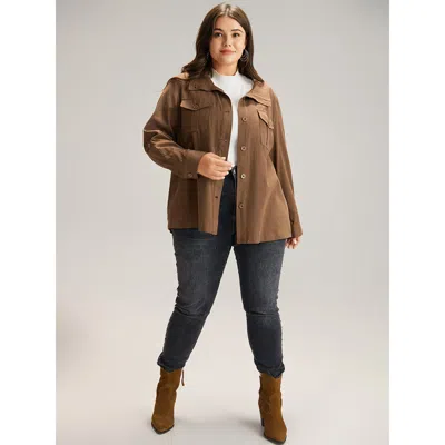 Bloomchic Women's Plus Size Plain Roll Tab Sleeve Button Down Coat Bronze Plain 12/l In Brown