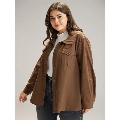 Bloomchic Women's Plus Size Plain Roll Tab Sleeve Button Down Coat Bronze Plain 12/l In Brown