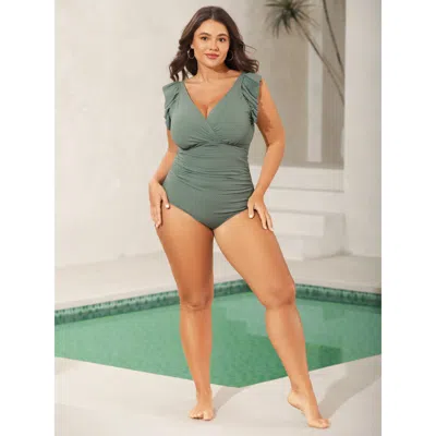 Bloomchic Women's Plus Size Textured Ruffled Solid One-piece Swimsuit Greenbean Solid Ruffles Bust Support 30/