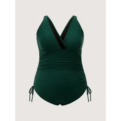 Bloomchic Women's Plus Size Drawstring Side Surplice Neck Adjustable One-piece Swimsuit Darkgreen Solid Ruched In Green