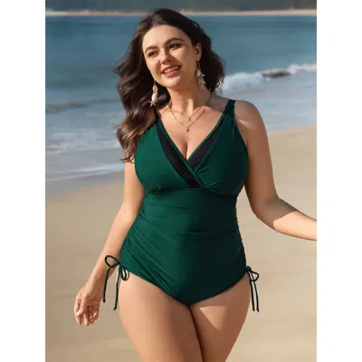 Bloomchic Women's Plus Size Drawstring Side Surplice Neck Adjustable One-piece Swimsuit Darkgreen Solid Ruched In Green