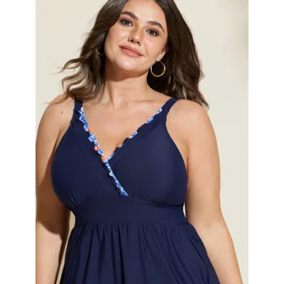 Bloomchic Women's Plus Size Printed Edge Pockets Swim Romper Darkblue Solid Patchwork Adjustable Straps 10/m In Blue