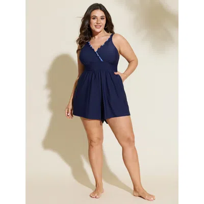 Bloomchic Women's Plus Size Printed Edge Pockets Swim Romper Darkblue Solid Patchwork Adjustable Straps 10/m In Blue