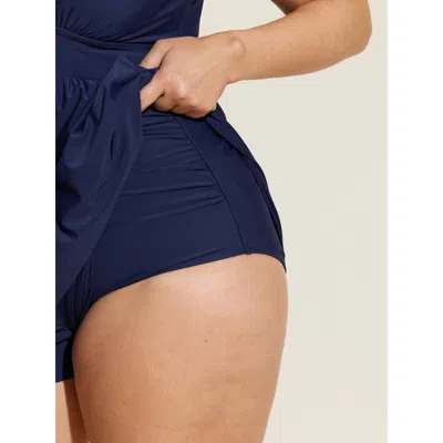 Bloomchic Women's Plus Size Printed Edge Pockets Swim Romper Darkblue Solid Patchwork Adjustable Straps 10/m In Blue