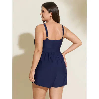 Bloomchic Women's Plus Size Printed Edge Pockets Swim Romper Darkblue Solid Patchwork Adjustable Straps 10/m In Blue