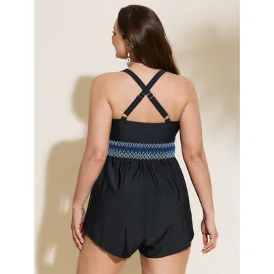 Bloomchic Women's Plus Size Ruched Drawstring Color Contrast Swim Romper Black Solid Patchwork Adjustable Stra In Black