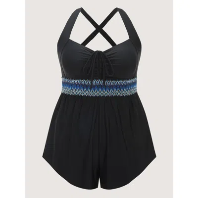 Bloomchic Women's Plus Size Ruched Drawstring Color Contrast Swim Romper Black Solid Patchwork Adjustable Stra In Black