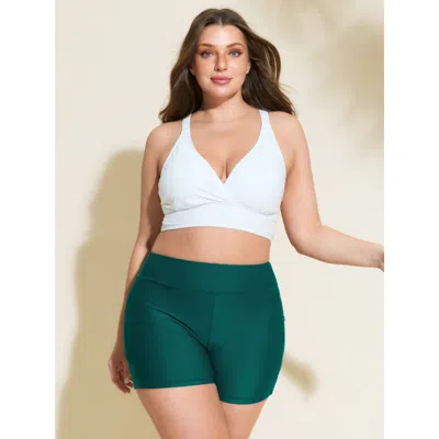 Bloomchic Women's Plus Size Sculpting Pockets Solid Swim Shorts Darkslategray Solid Short Patchwork Elastic Wa