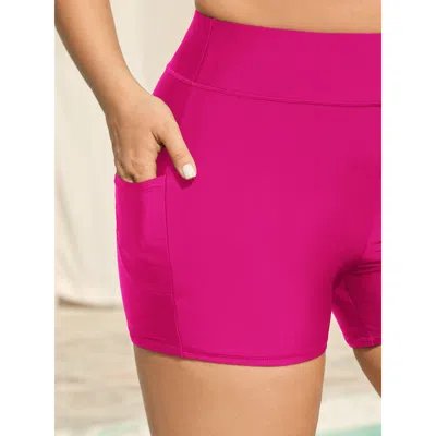 Bloomchic Women's Plus Size Sculpting Pockets Solid Swim Shorts Rosered Solid Short Patchwork Elastic Waist 22