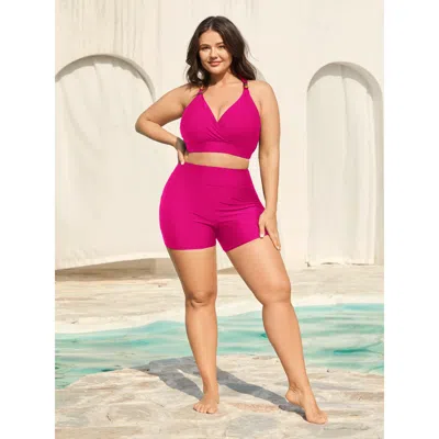 Bloomchic Women's Plus Size Sculpting Pockets Solid Swim Shorts Rosered Solid Short Patchwork Elastic Waist 22