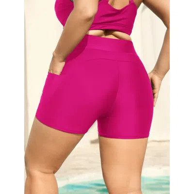 Bloomchic Women's Plus Size Sculpting Pockets Solid Swim Shorts Rosered Solid Short Patchwork Elastic Waist 22