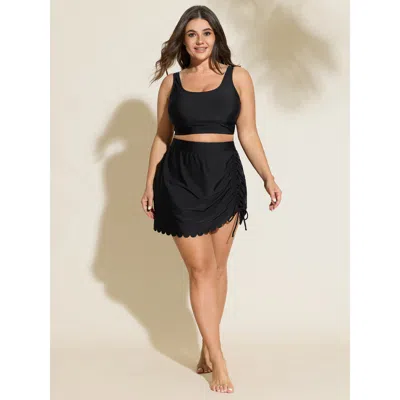 Bloomchic Women's Plus Size Adjustable Coverage Side Drawstring Swim Bottoms Black Solid Cropped Lace-up Elast In Black