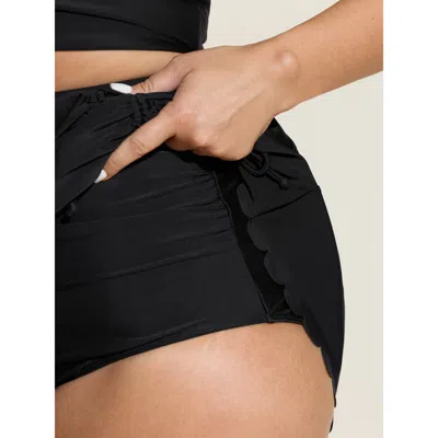 Bloomchic Women's Plus Size Adjustable Coverage Side Drawstring Swim Bottoms Black Solid Cropped Lace-up Elast In Black