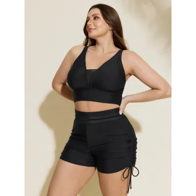 Bloomchic Women's Plus Size Adjustable Side Drawstring Ruched Pockets Swim Bottoms Black Solid Cropped Patchwo In Black