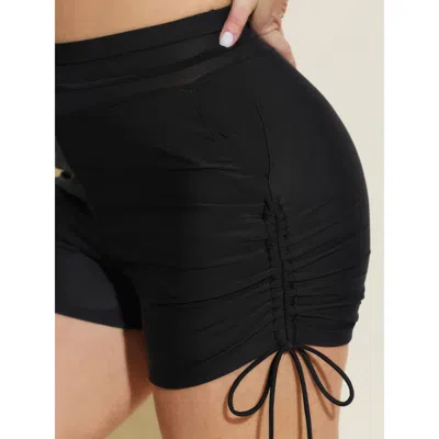 Bloomchic Women's Plus Size Adjustable Side Drawstring Ruched Pockets Swim Bottoms Black Solid Cropped Patchwo In Black
