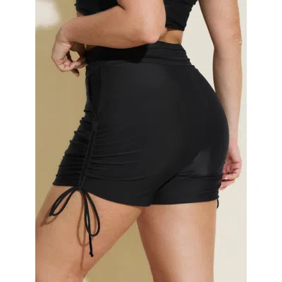 Bloomchic Women's Plus Size Adjustable Side Drawstring Ruched Pockets Swim Bottoms Black Solid Cropped Patchwo In Black