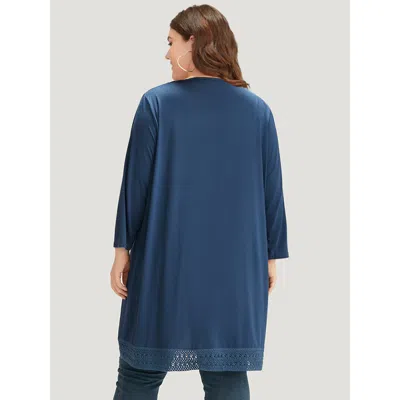 Bloomchic Women's Plus Size Supersoft Essentials Plain Lace Patchwork Open Front Kimono Darkblue Plain 10/m In Blue