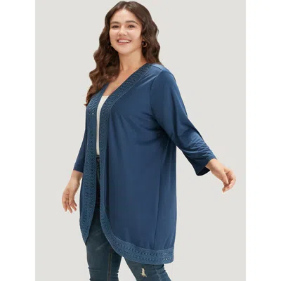 Bloomchic Women's Plus Size Supersoft Essentials Plain Lace Patchwork Open Front Kimono Darkblue Plain 10/m In Blue
