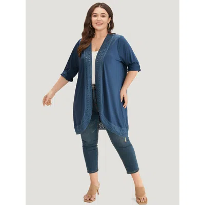Bloomchic Women's Plus Size Supersoft Essentials Plain Lace Patchwork Open Front Kimono Darkblue Plain 10/m In Blue