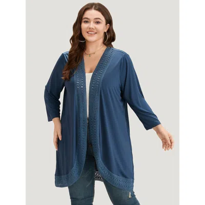 Bloomchic Women's Plus Size Supersoft Essentials Plain Lace Patchwork Open Front Kimono Darkblue Plain 10/m In Blue