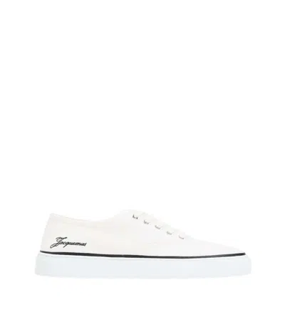 Jacquemus Round Toe Canvas Sneakers With Embroidered Logos In White