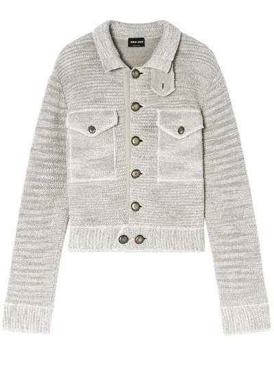 Giorgio Armani Textured Cropped Knit Blouson With Metallic Accents In Gray