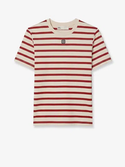 Tory Burch Striped Slim Fit T-shirt In Cotton With Double T Logo In Brown