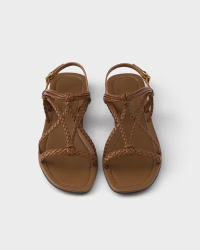 Prada Flat Leather Sandals In Brown