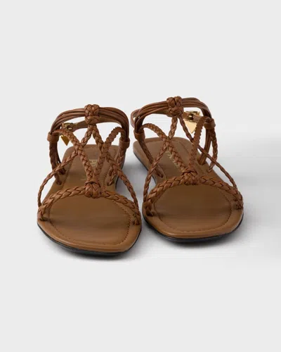 Prada Flat Leather Sandals In Brown