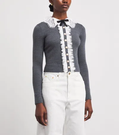 Self-portrait Self Portrait Knitted Wool Cardigan With Lace Collar In Grey In Gray
