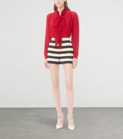 Valentino Cotton Satin Shorts With Maxi Barré Stripe Woman Black/vanilla 44 In Multi