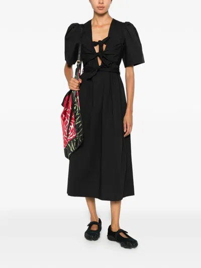 Ganni Belted Bow-embellished Stretch-cotton Poplin Midi Dress In Black