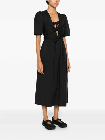 Ganni Belted Bow-embellished Stretch-cotton Poplin Midi Dress In Black