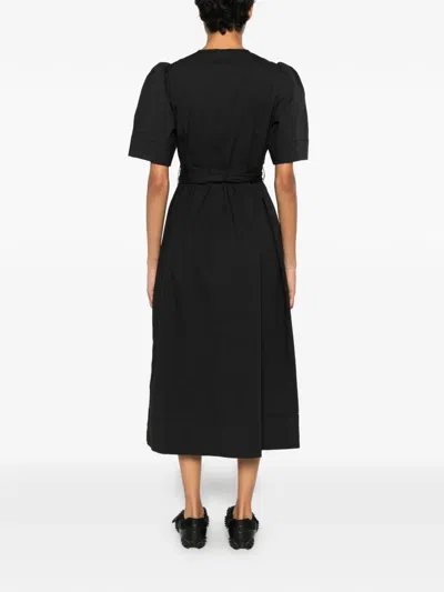 Ganni Belted Bow-embellished Stretch-cotton Poplin Midi Dress In Black