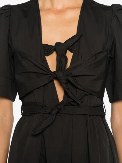 Ganni Belted Bow-embellished Stretch-cotton Poplin Midi Dress In Black