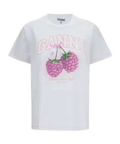 Ganni Raspberry Printed T-shirt In White