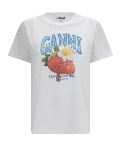 Ganni Womens Bright White Jersey Strawberry Printed Round-neck Cotton-jersey T-shirt In White