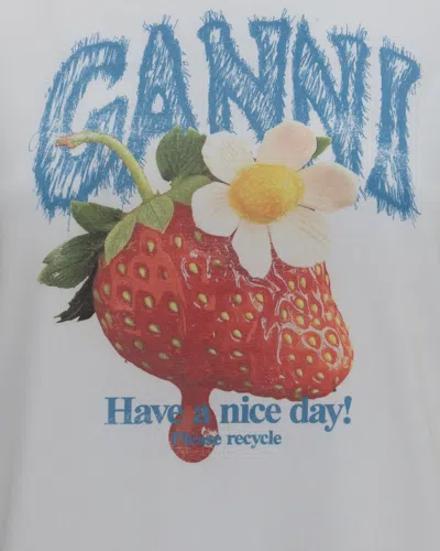Ganni Womens Bright White Jersey Strawberry Printed Round-neck Cotton-jersey T-shirt In White