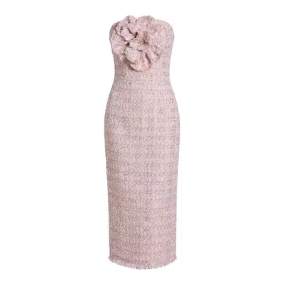 Mac Duggal Boucle Strapless Midi Dress With 3d Flower In Pink