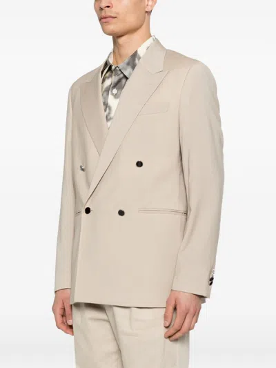 Manuel Ritz Beige Stretch Wool Double-breasted Blazer In Neutral