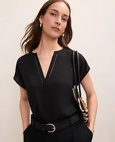 Ann Taylor Petite Lace Trim Mixed Media Top In Black