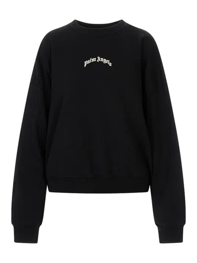 Palm Angels Neutrals Crop Crewneck Arched Logo Sweatshirt In Black