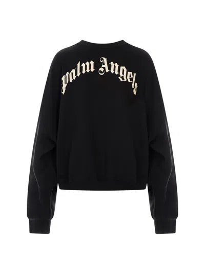 Palm Angels Neutrals Crop Crewneck Arched Logo Sweatshirt In Black