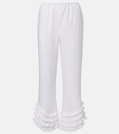 Posse Florence Ruffle Detail Crop Linen Pants In White