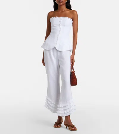 Posse Florence Ruffle Detail Crop Linen Pants In White