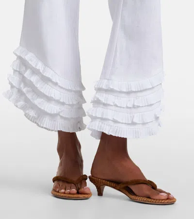 Posse Florence Ruffle Detail Crop Linen Pants In White
